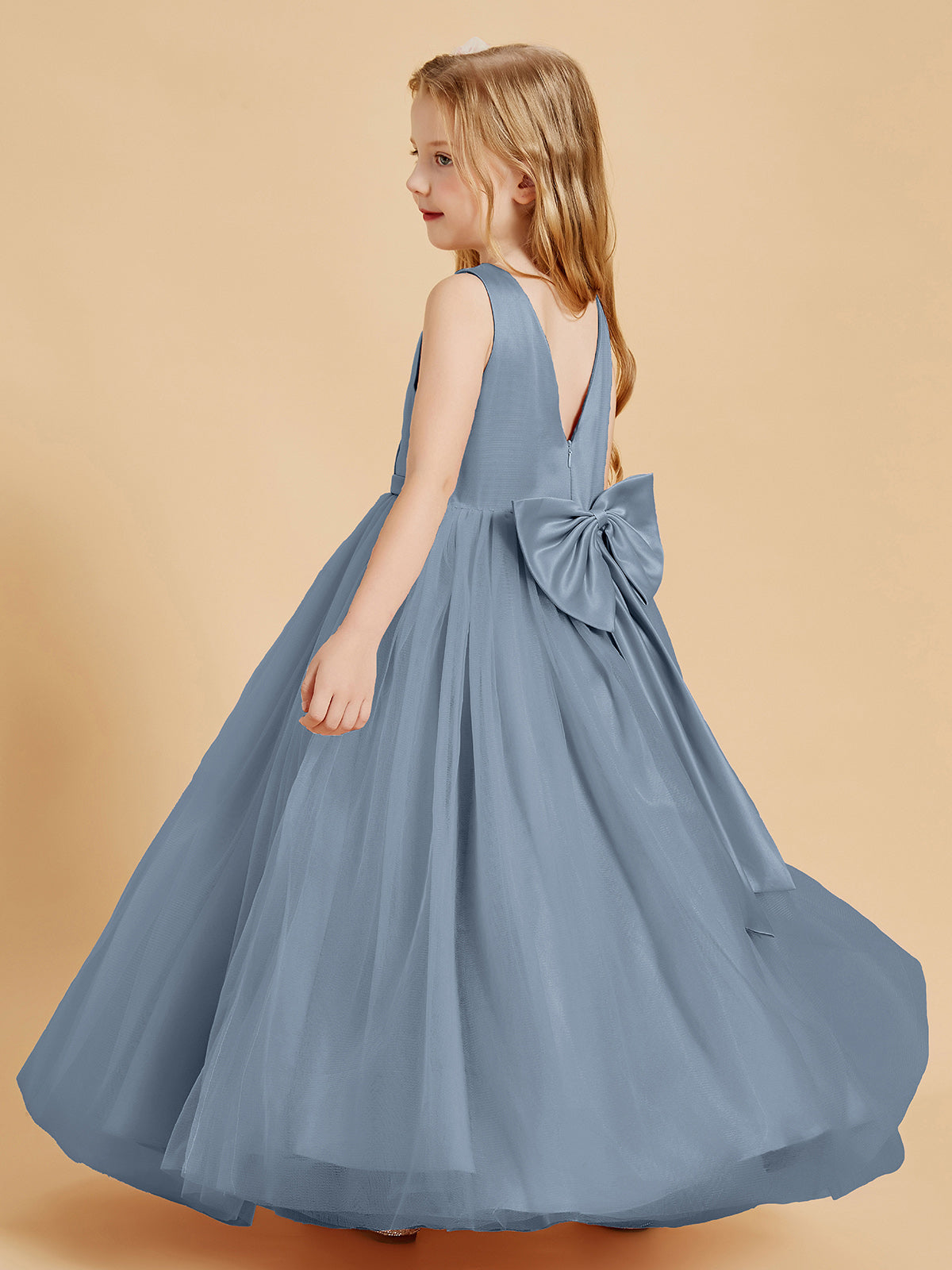 Tulle Junior Bridesmaid Dresses Satin Top Dusty Blue